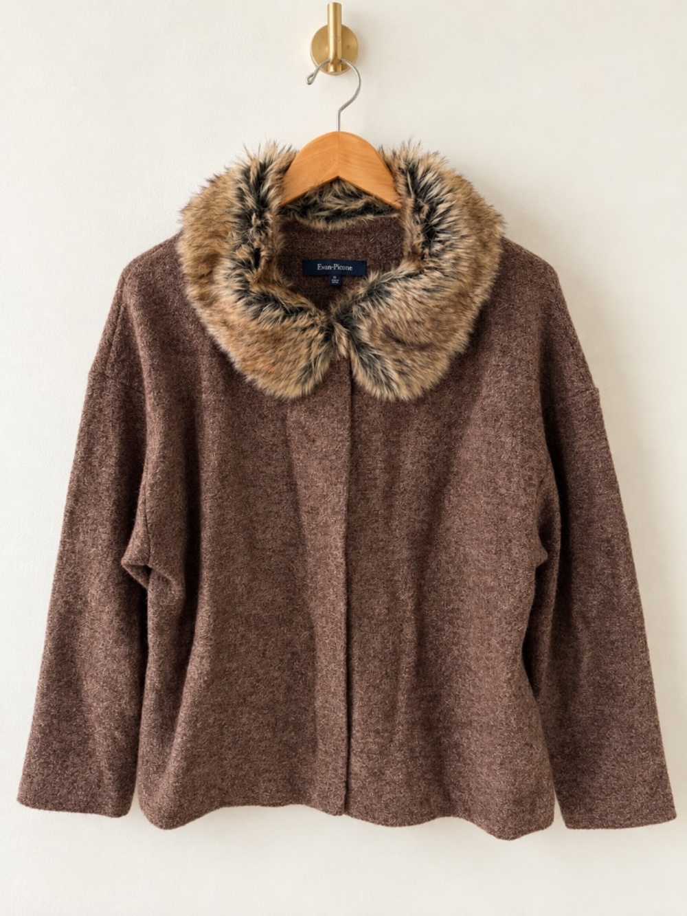 Evan-Picone Women’s XL 100% Wool Brown Sweater Jacket Removable Faux Fur Collar